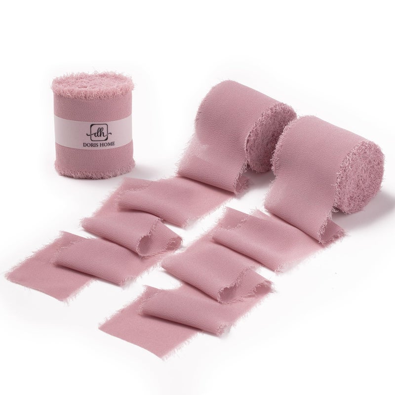 DORIS HOME Mauve Chiffon Ribbon for Flower Bouquet, 2" x21Yd Fabric Ribbon for Gift Wrapping, Handmade Frayed Ribbon for Wedding/Christmas Decorations - Image 1